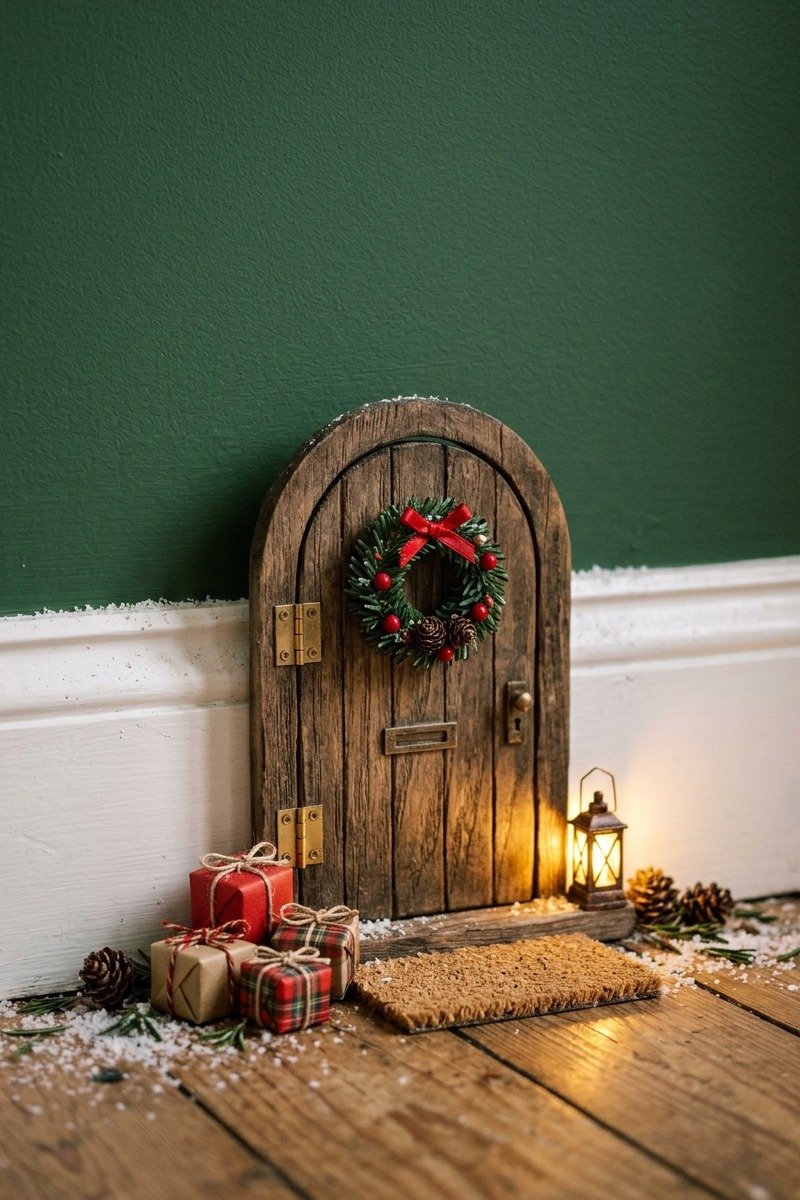 Tiny elf door with miniature Christmas decor