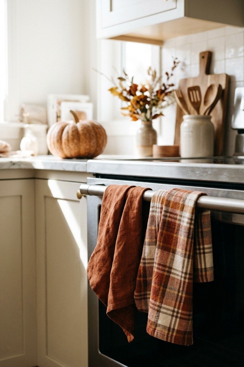 Fall dish towels hanging on an oven door