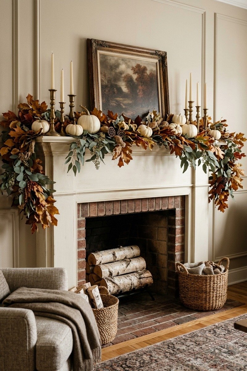 Fireplace mantel with fall leaf garland and candles