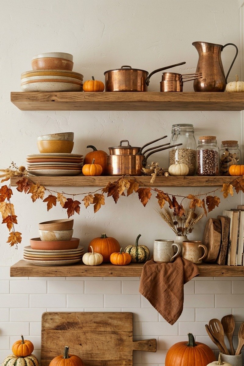 Open kitchen shelves styled for fall
