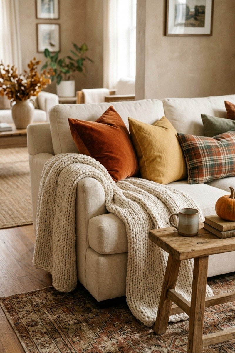Sofa with rust and mustard fall pillow covers
