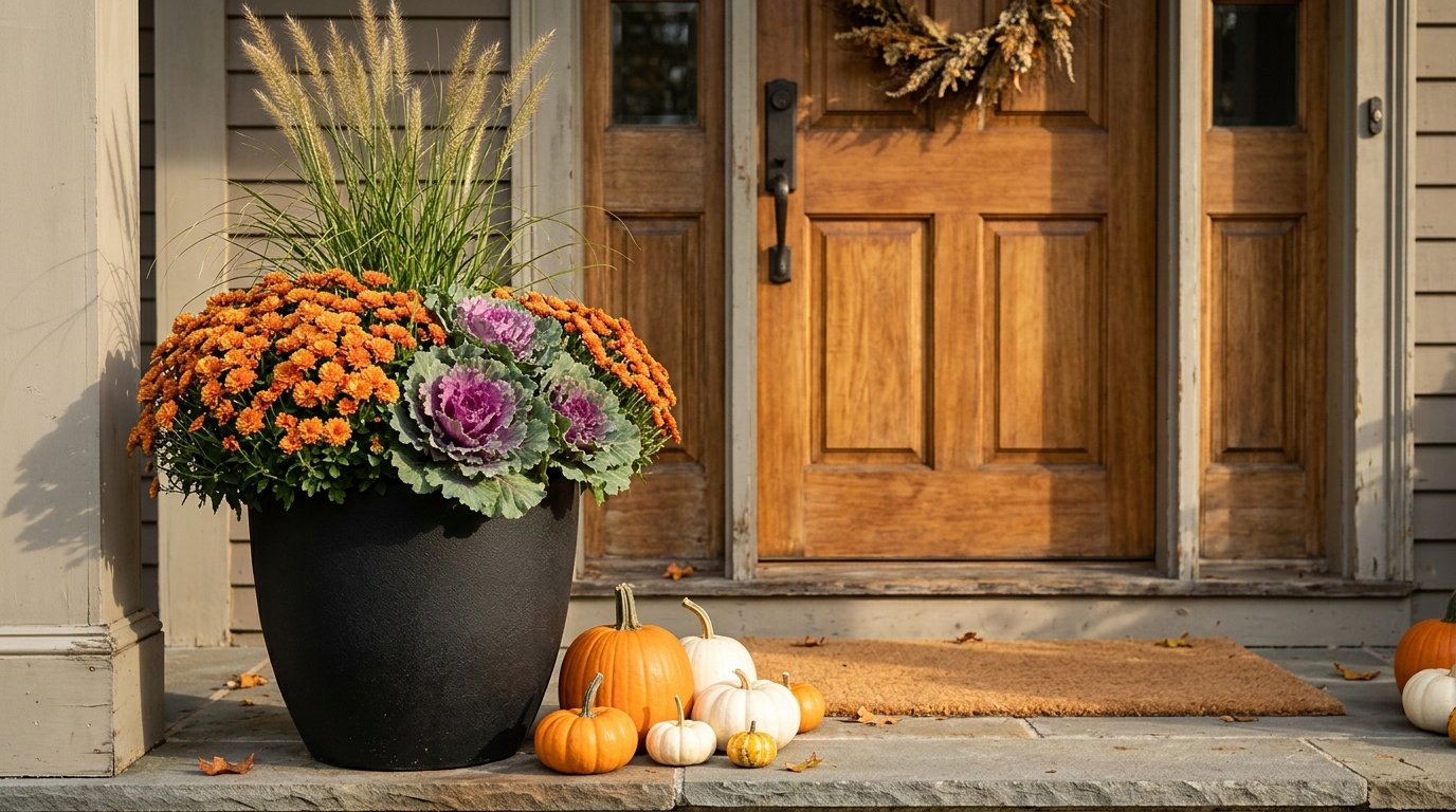 Fall planter with orange mums, ornamental kale and pumpkins by a front door