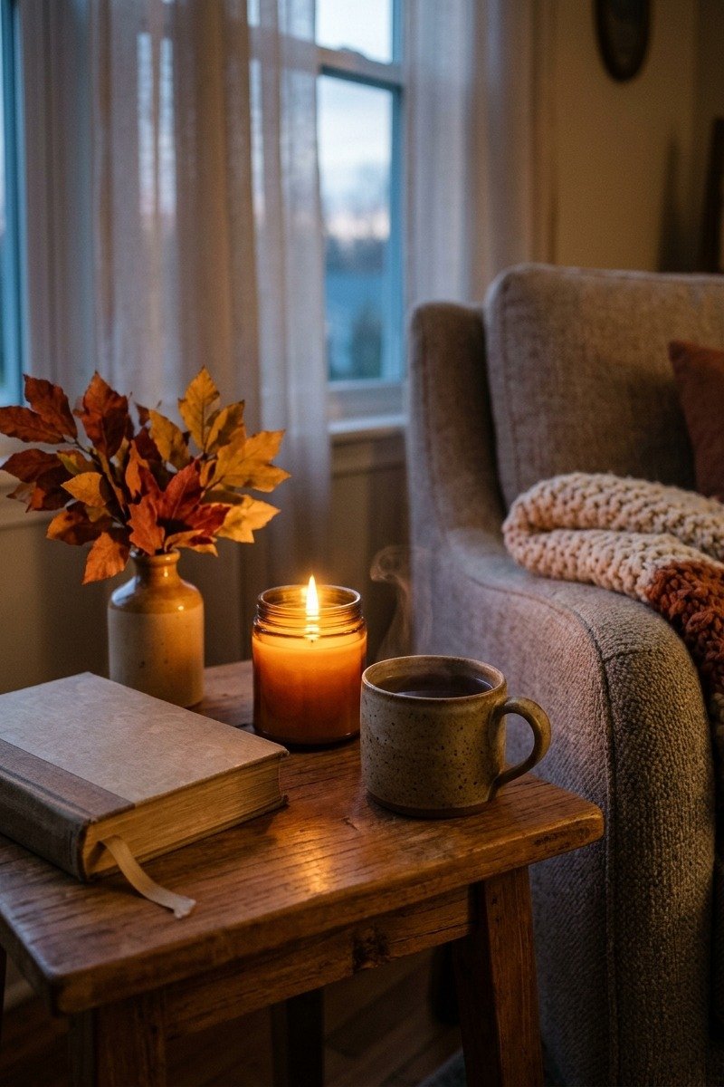 Fall scented candle on a side table