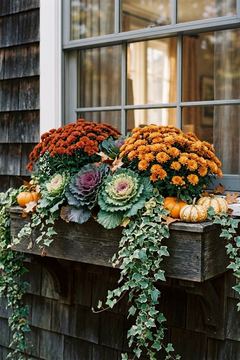 Window box with mums and ornamental kale