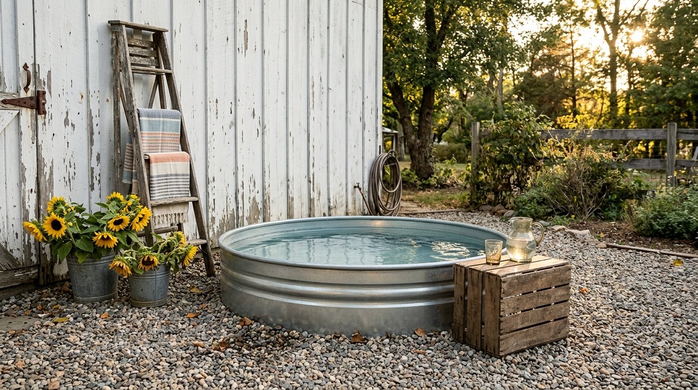 Farmhouse-style stock tank pool with wooden ladder towel rack and vintage decor