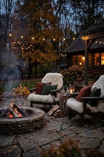 Faux fur throws on outdoor chairs
