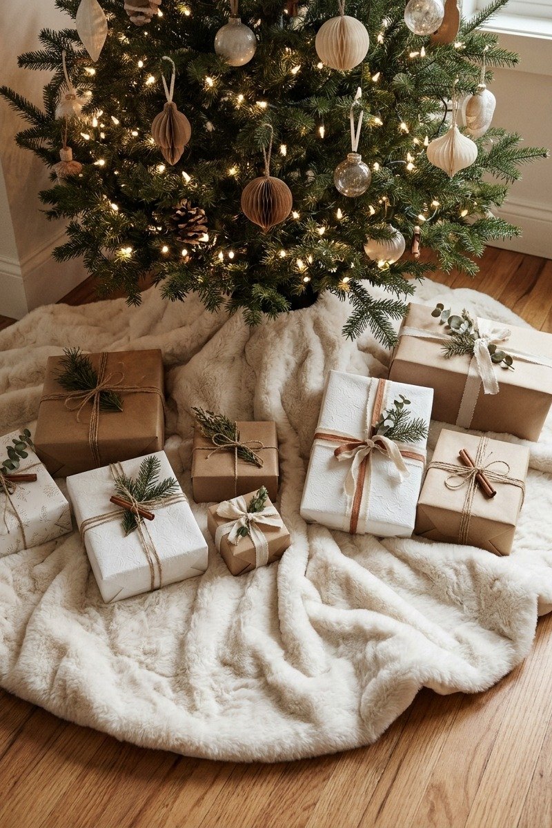 Cream faux fur tree skirt with neutral presents