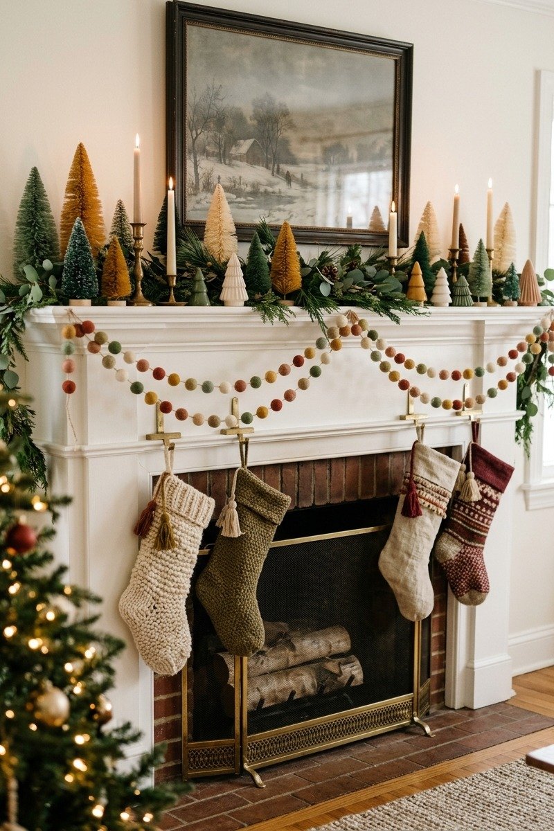 Felt ball garland on a mantel
