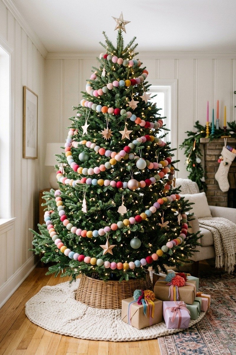 Colorful felt ball garland on a Christmas tree