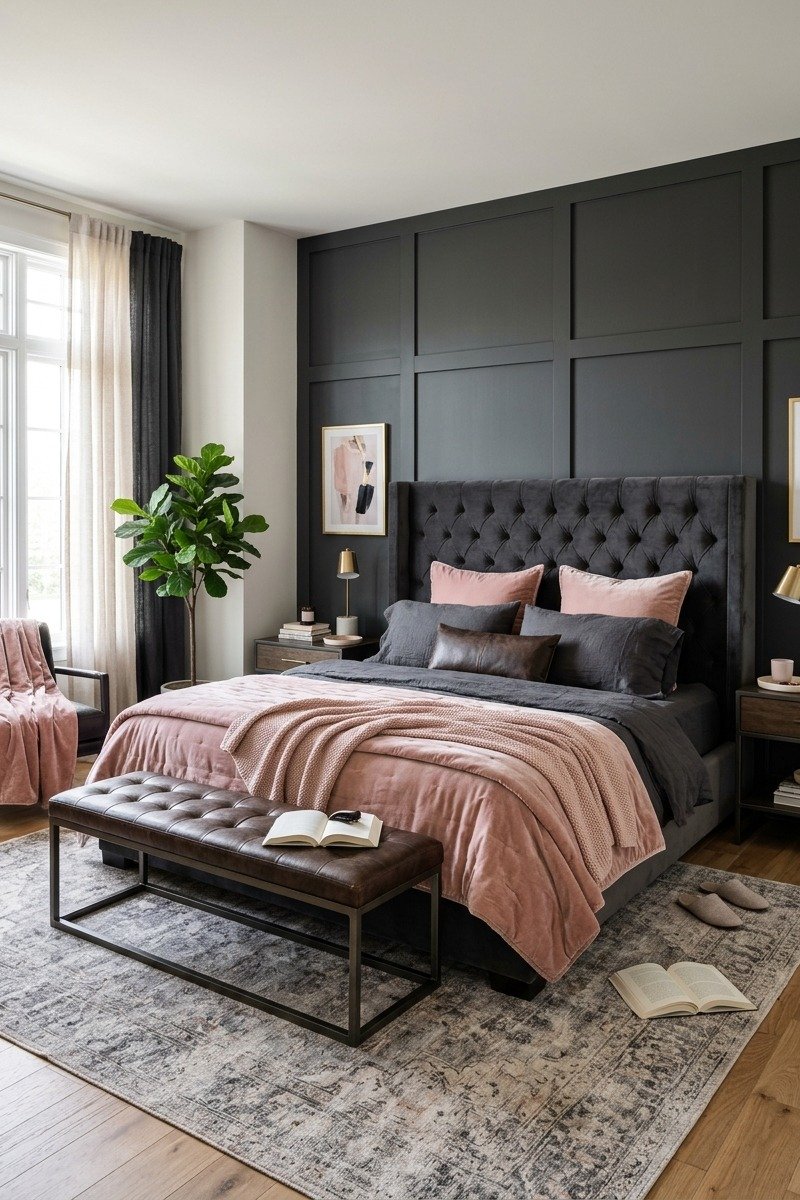 Bedroom with blush and charcoal