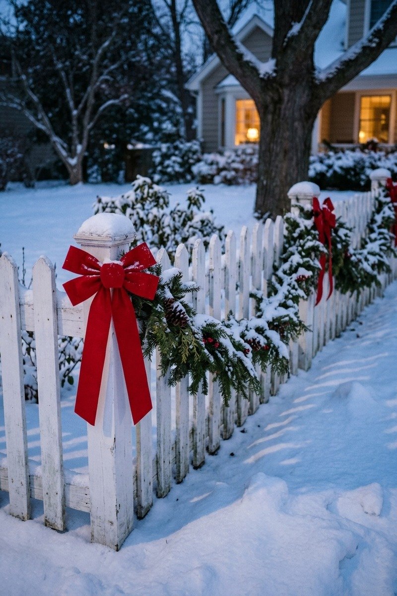 White picket fence with garland and bows