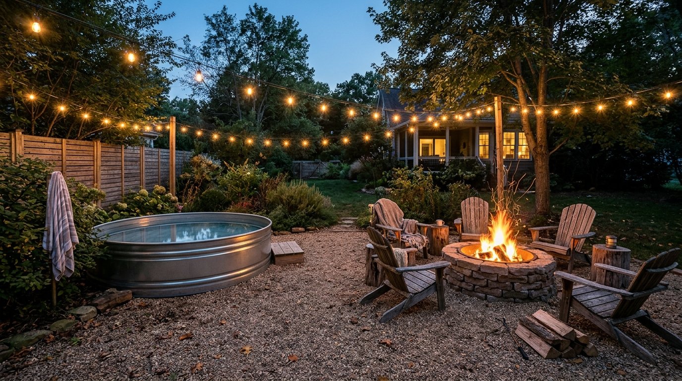 Stock tank pool beside a stone fire pit with chairs at dusk