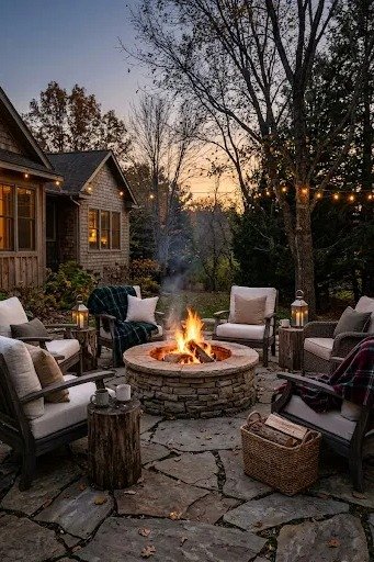 Cozy patio with a fire pit at dusk