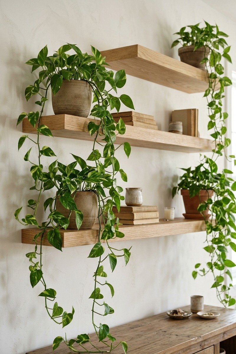 Floating shelf with trailing plants