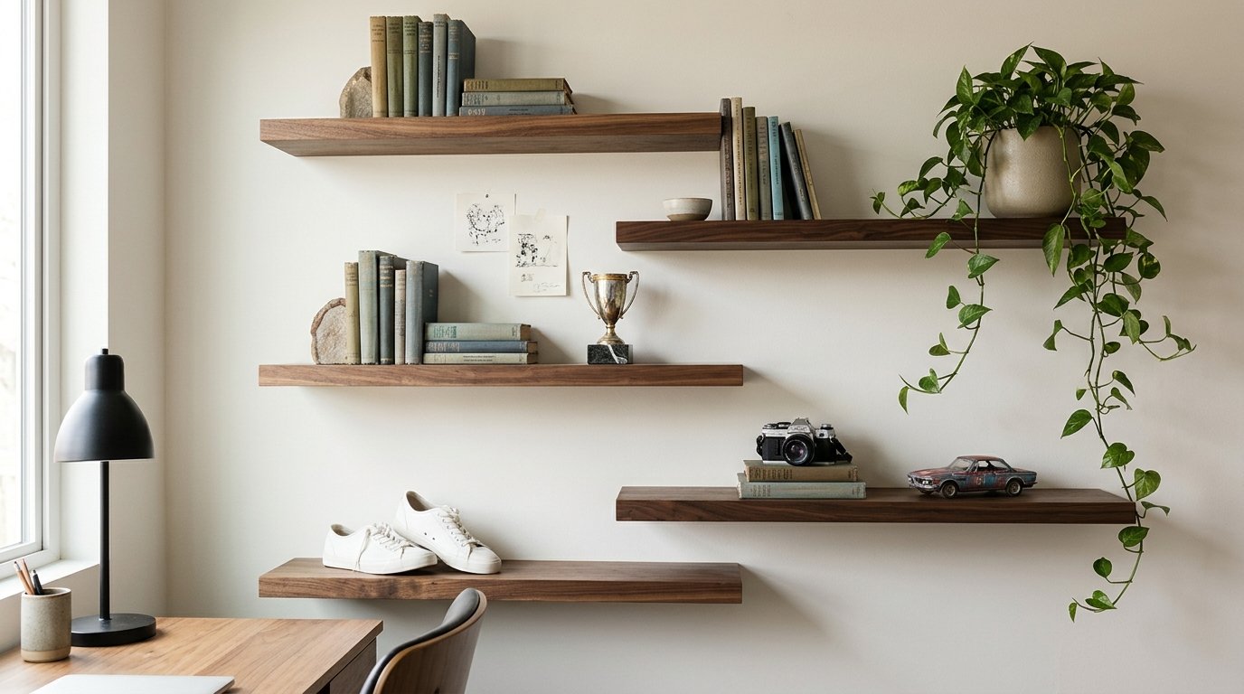Floating wooden shelves displaying books, sneakers and collectibles in a teen boys room