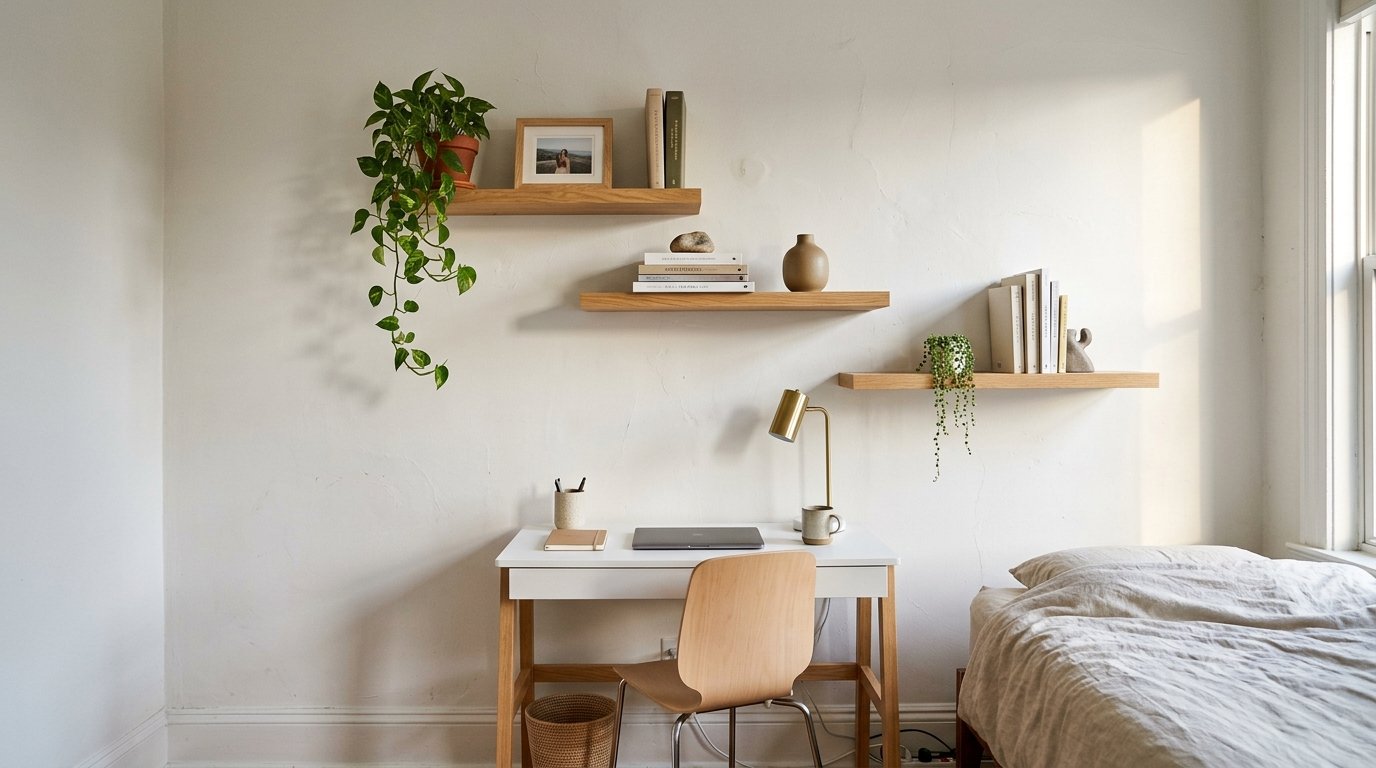 Floating wooden shelves with books and plants on a small bedroom wall