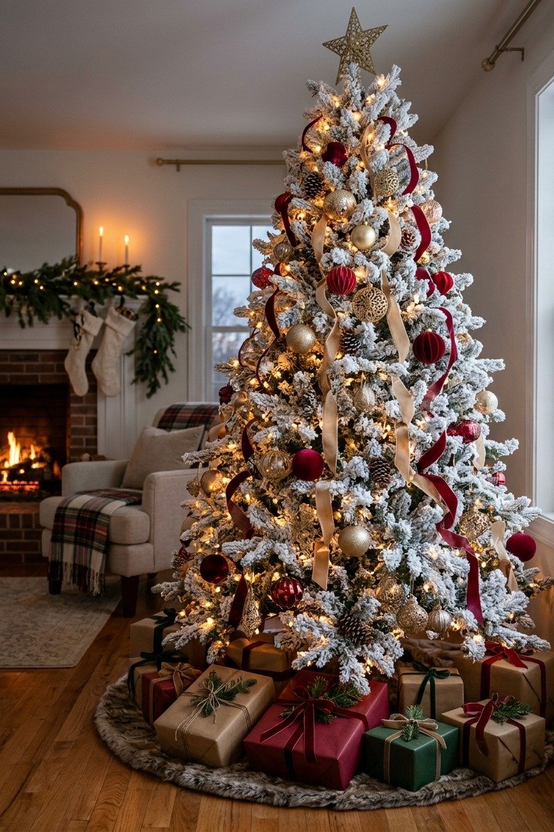 Flocked Christmas tree with warm lights