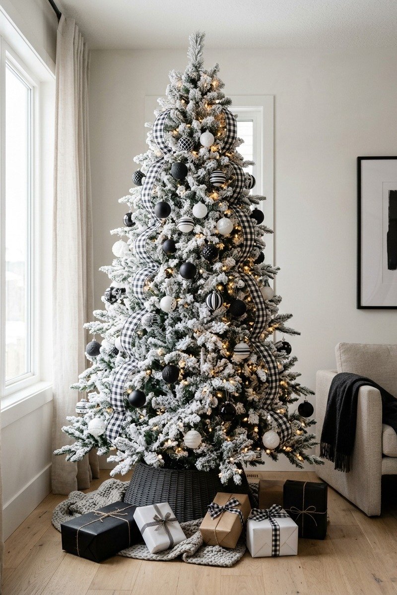 Modern flocked tree with black and white ornaments