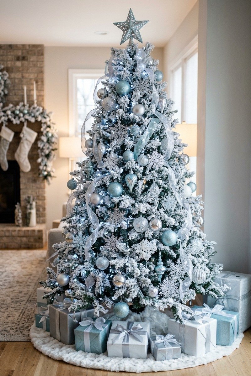 Flocked tree with blue and silver ornaments