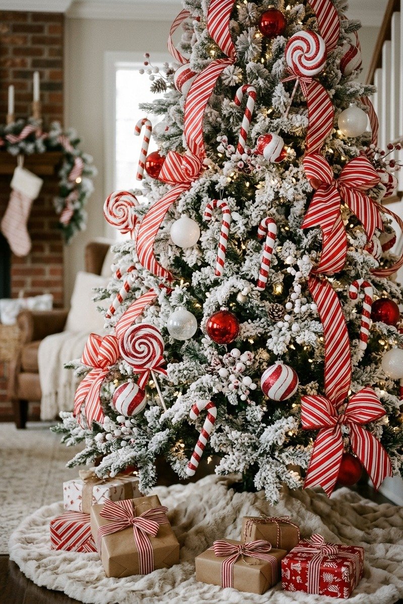 Flocked tree with red and white candy cane decor