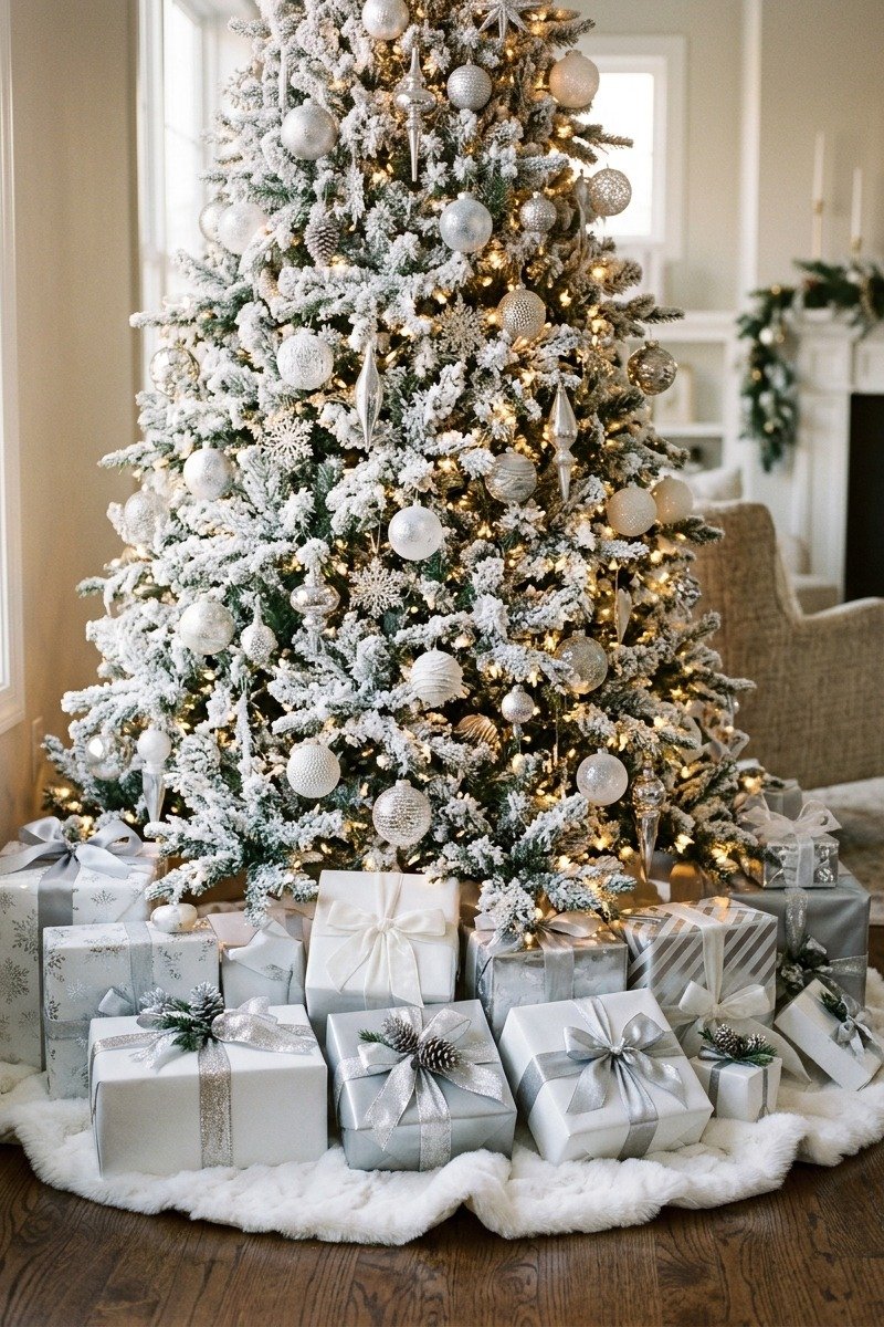 Flocked tree with faux fur skirt and presents