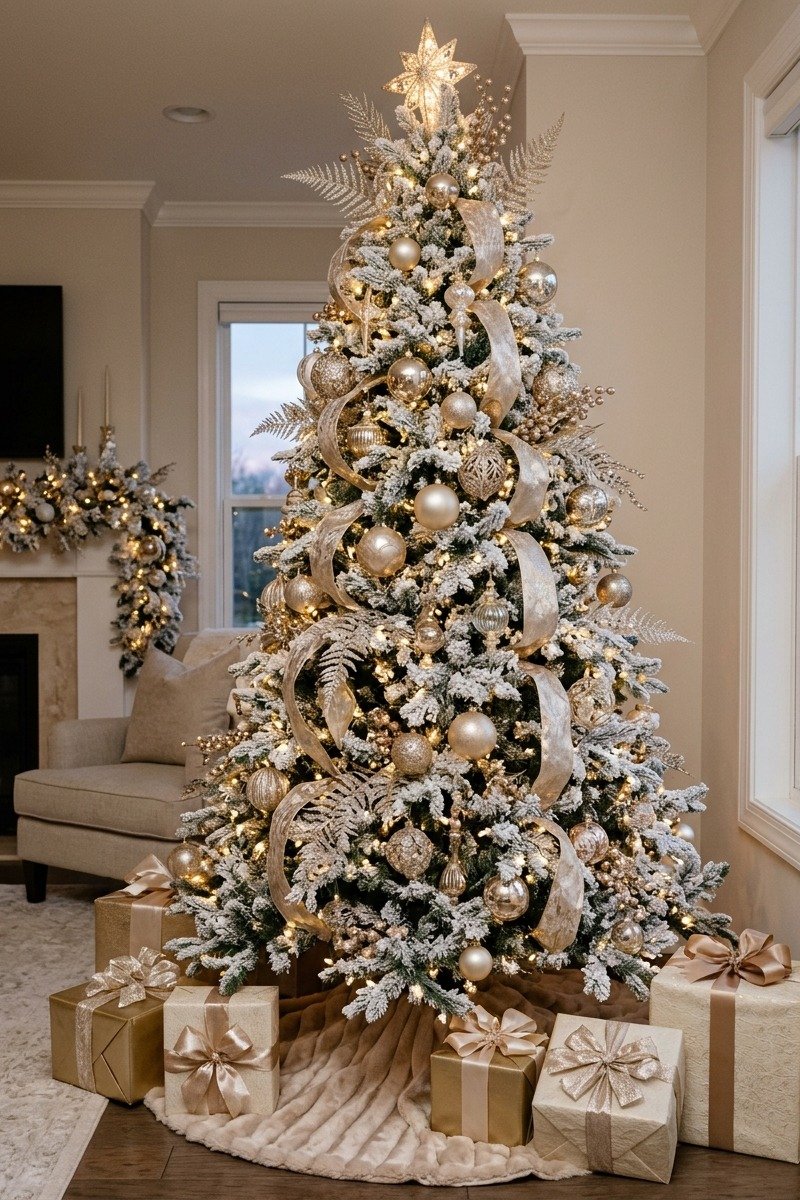 Flocked tree with gold and champagne ornaments