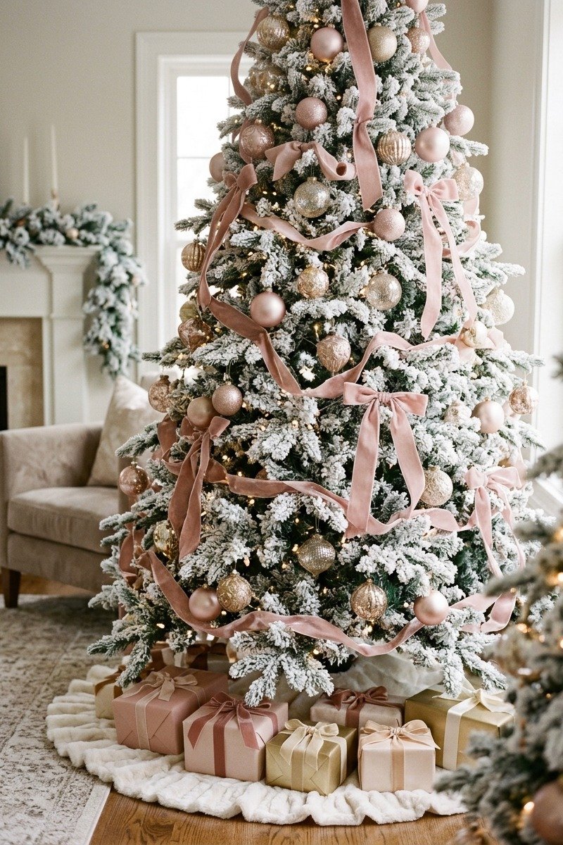 Flocked tree with pink and gold ornaments