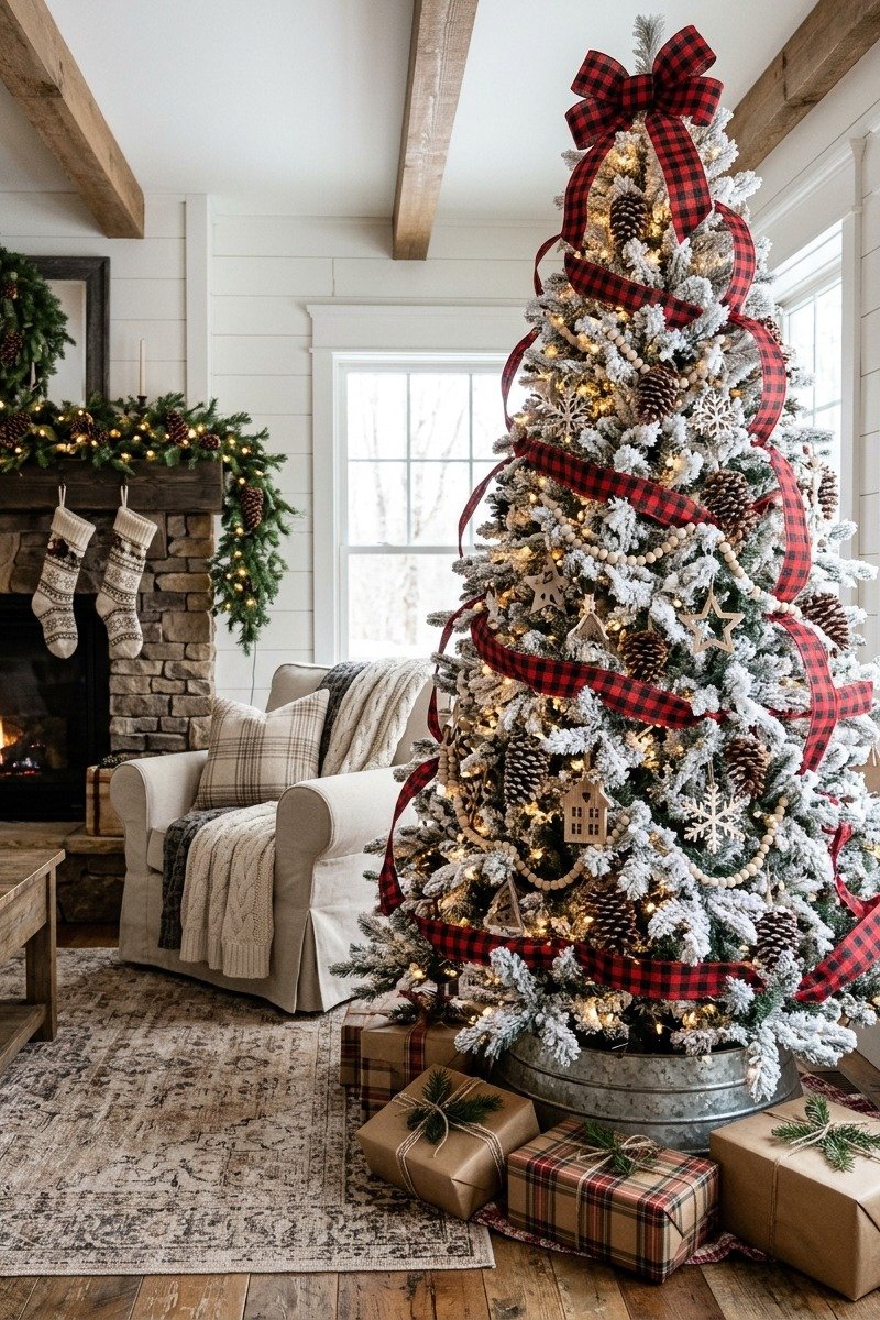 Flocked tree with plaid ribbon and pinecones