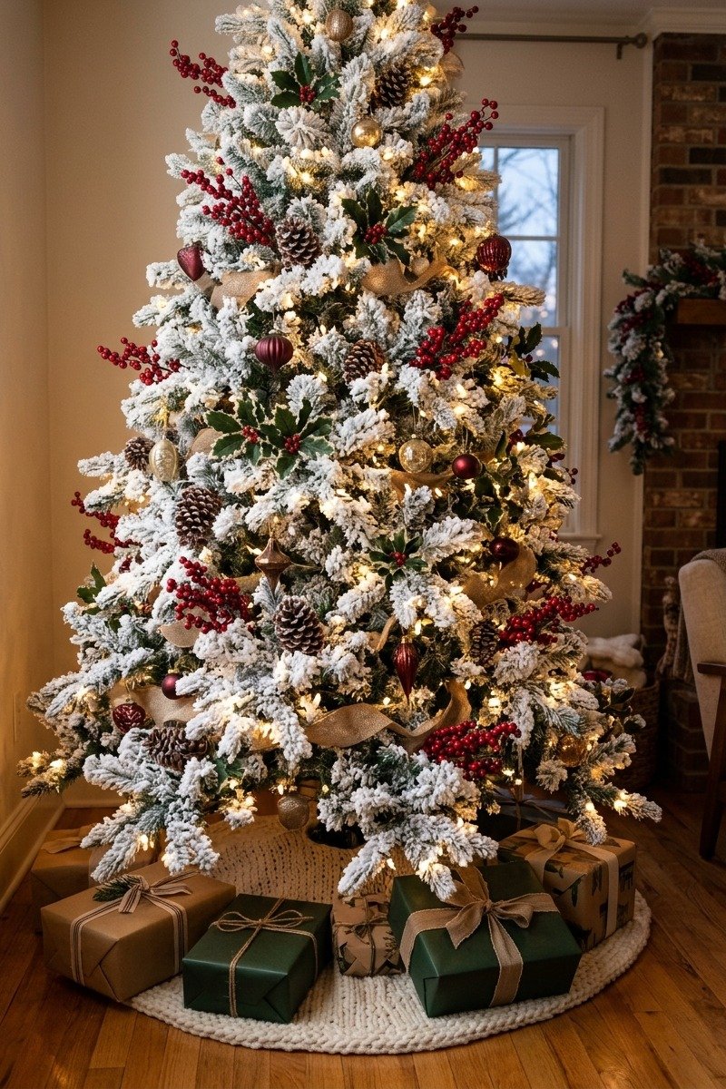 Flocked tree with red berry picks