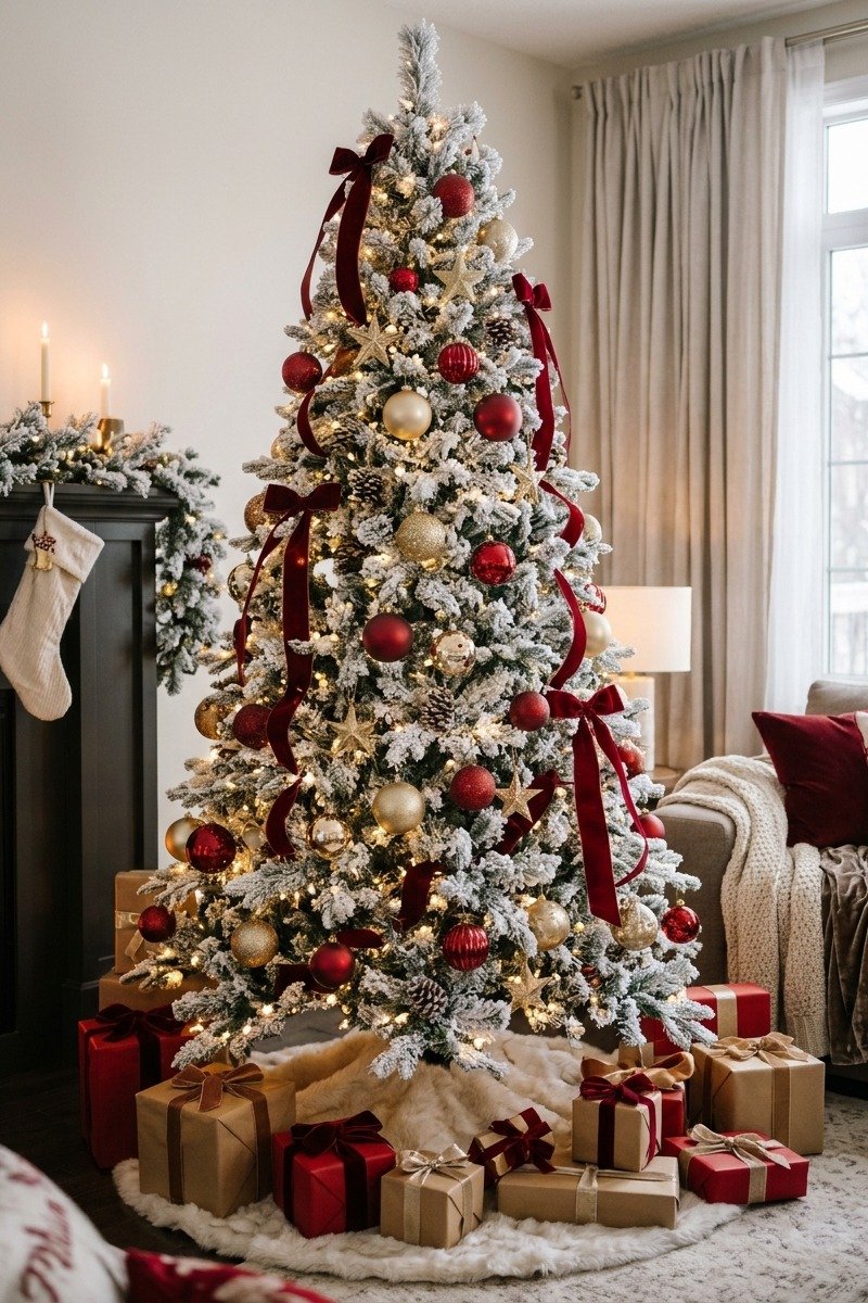 Flocked Christmas tree with red and gold ornaments