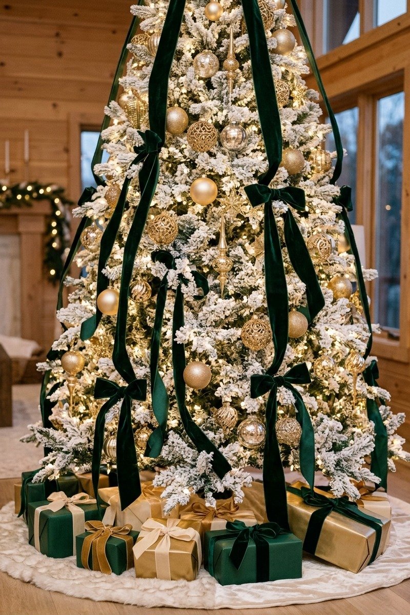 Flocked tree with cascading velvet ribbon