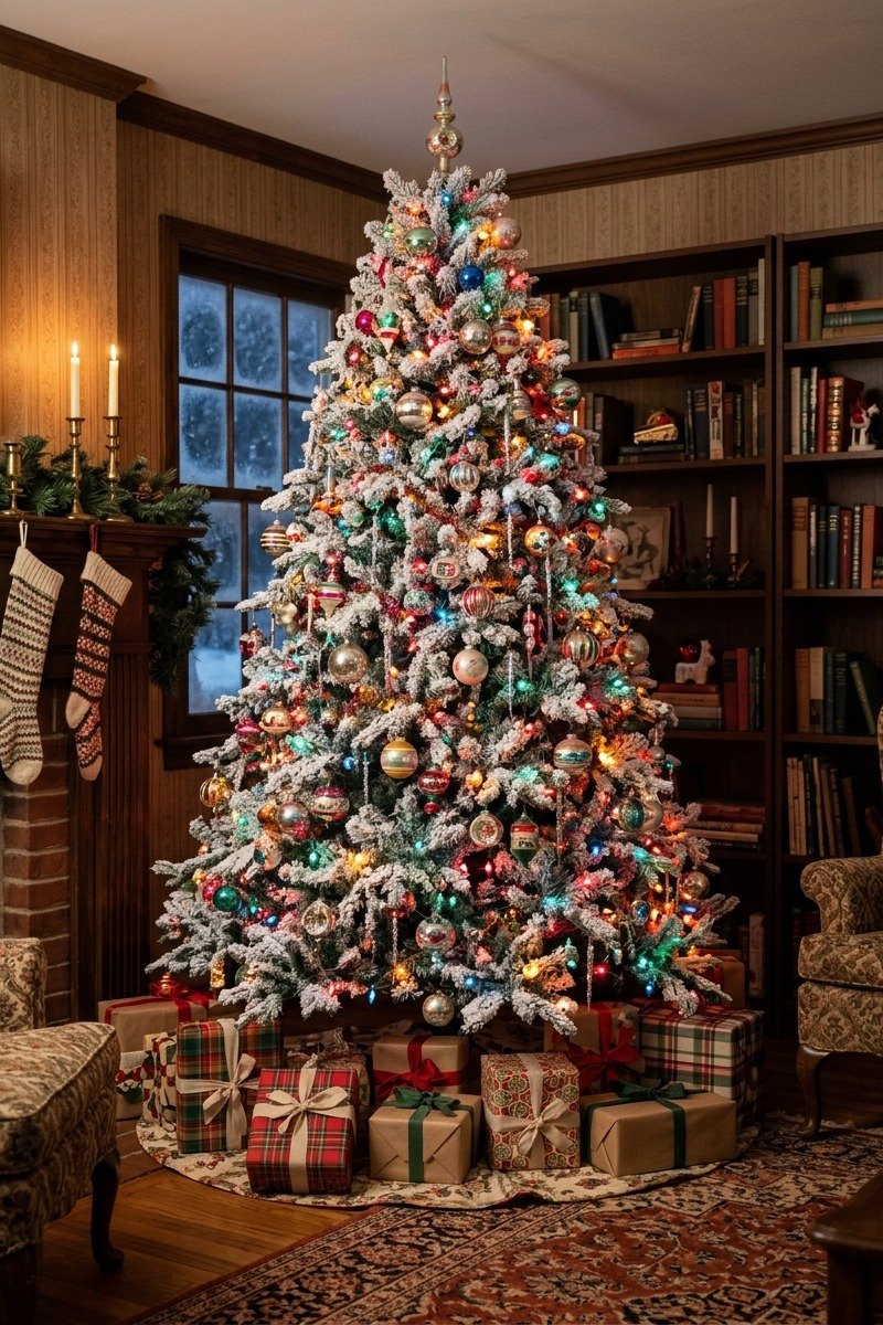 Flocked tree with vintage colorful ornaments