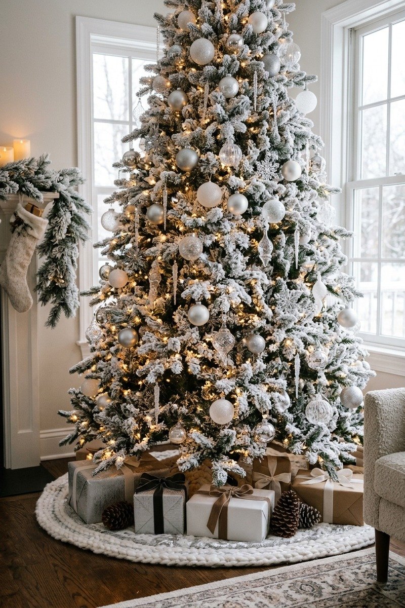 Flocked tree with white and silver ornaments