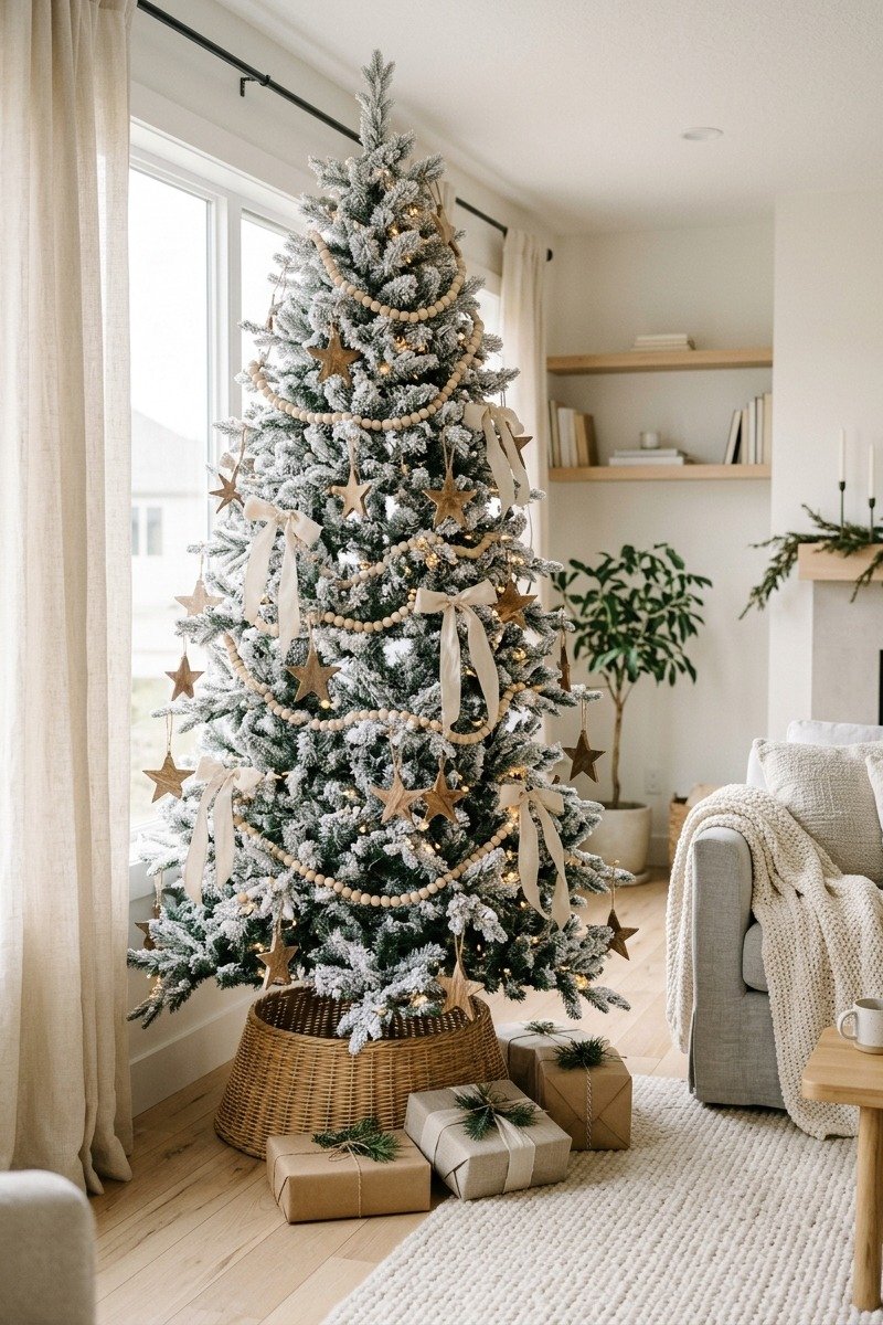 Flocked tree with natural wood ornaments
