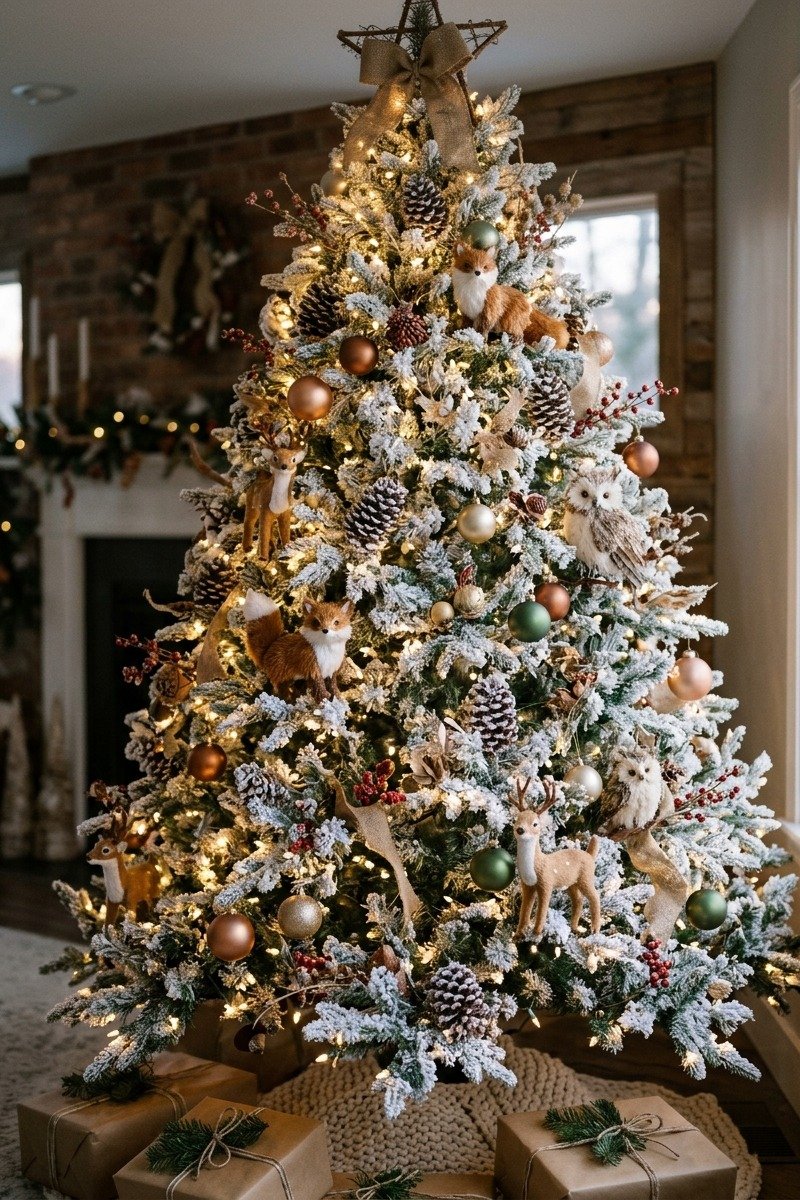Flocked tree with woodland animal ornaments