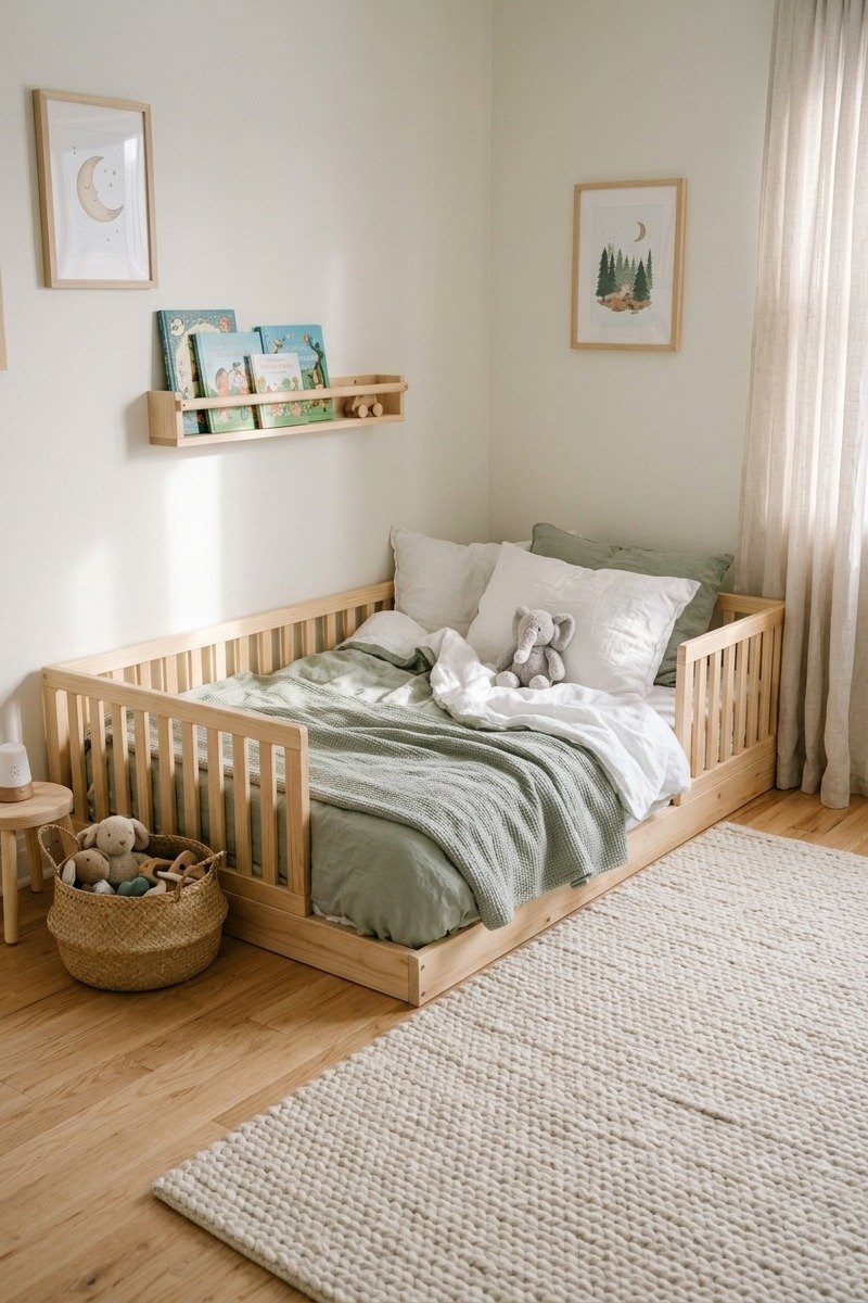 Low wooden floor bed in a toddler boys bedroom