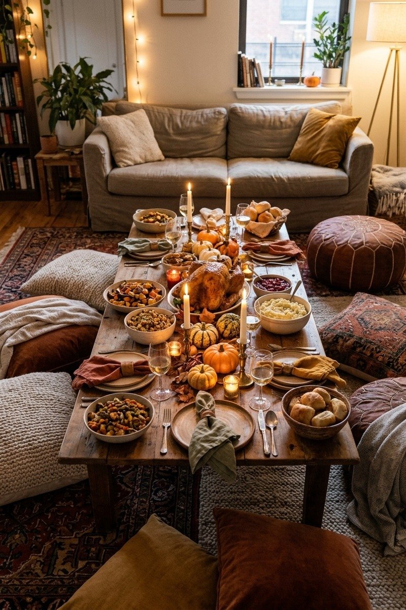 Low table with floor cushions for Friendsgiving