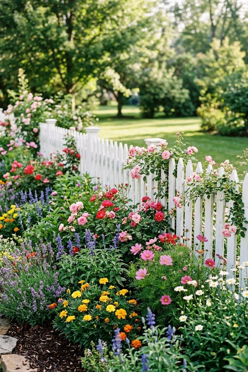 Flower border along a white fence