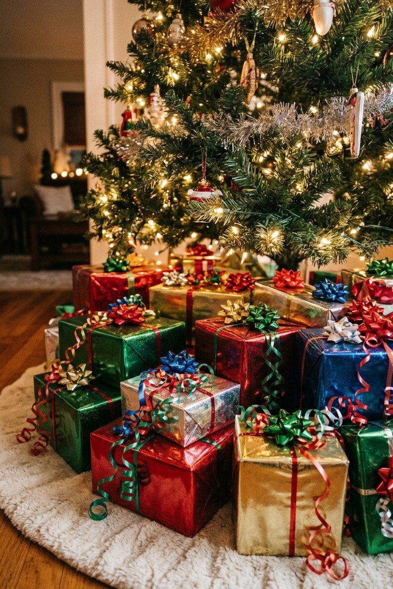 Presents wrapped in shiny foil paper with stick-on bows