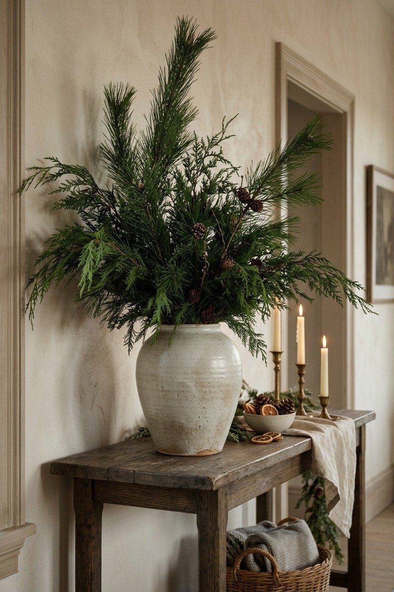 Pine branches in a large vase