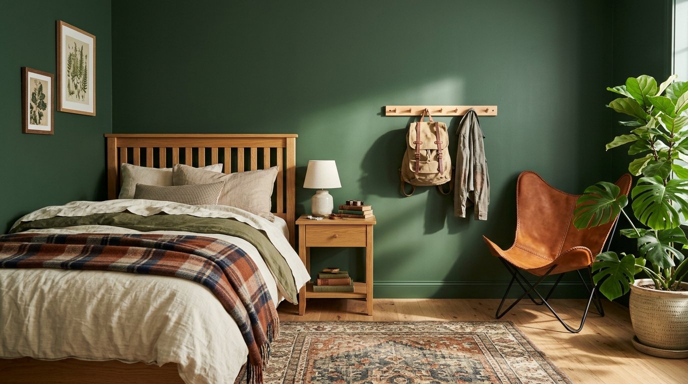 Forest green older boys bedroom with wooden headboard and leather accents