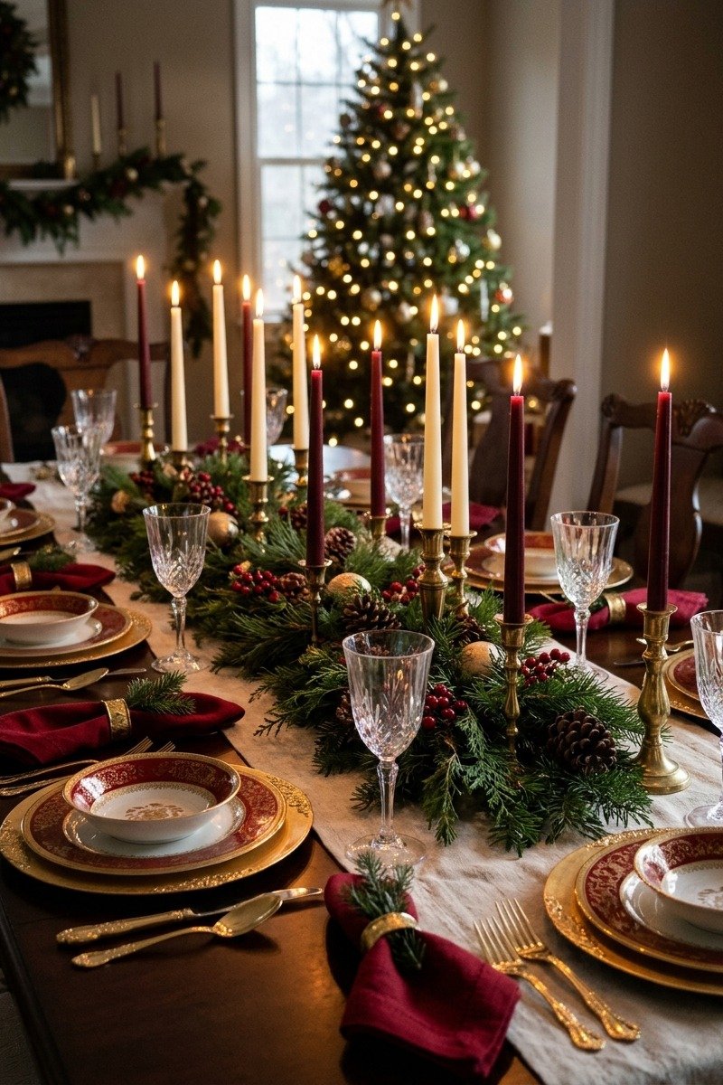 Formal Christmas dining table with china and candles