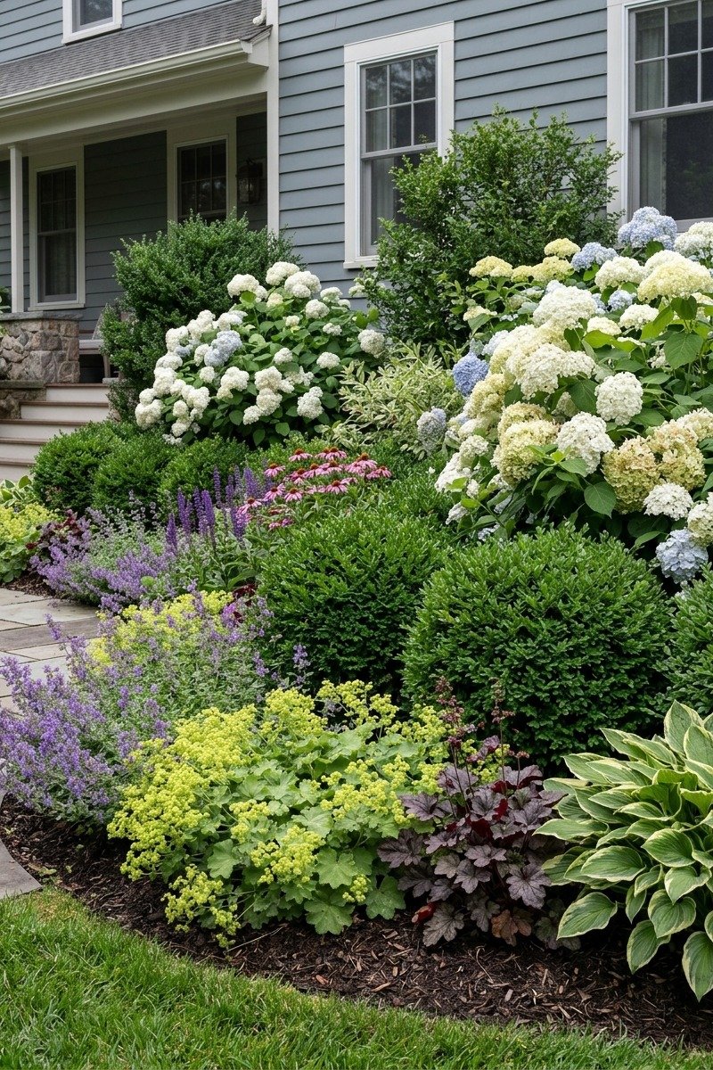 Foundation shrubs in front of a house