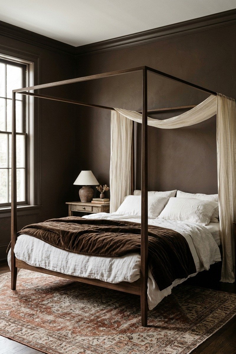 Dark wood four-poster bed in a chocolate brown bedroom