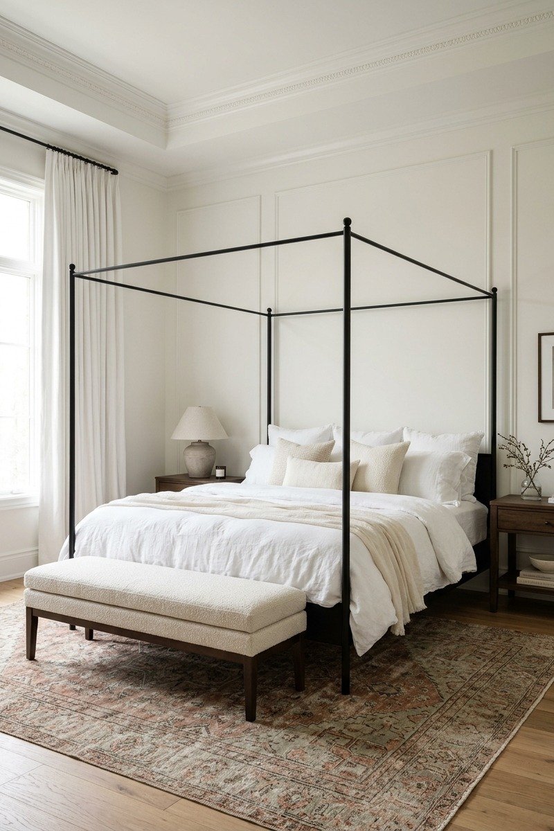 Black metal four-poster canopy bed in a bright luxury master bedroom