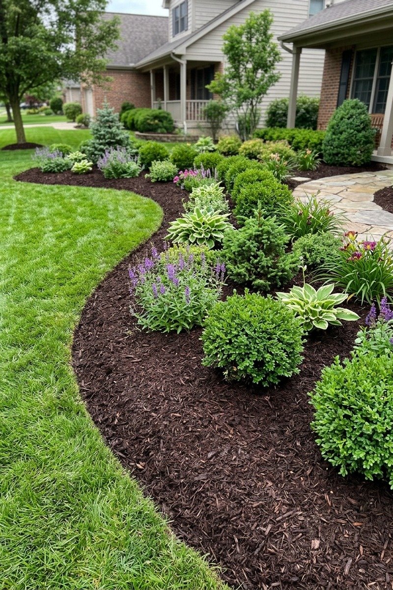 Fresh mulch in front yard beds