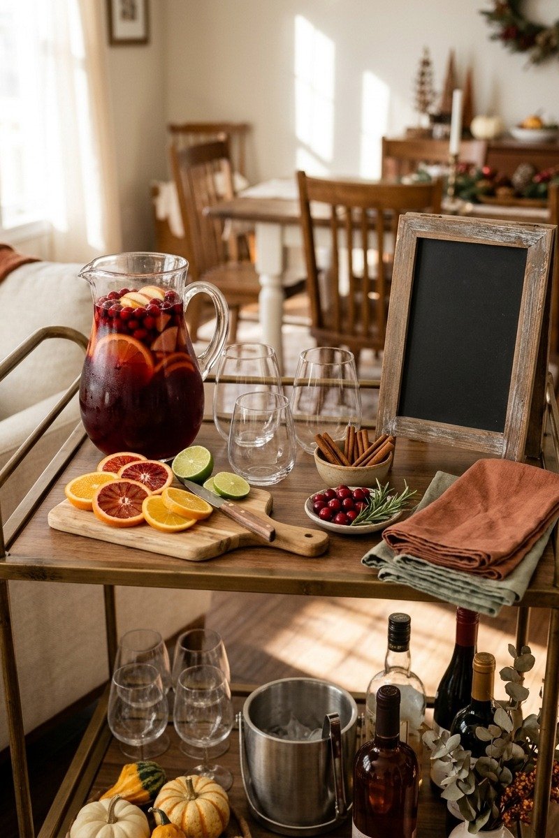 Friendsgiving drink station with cocktails