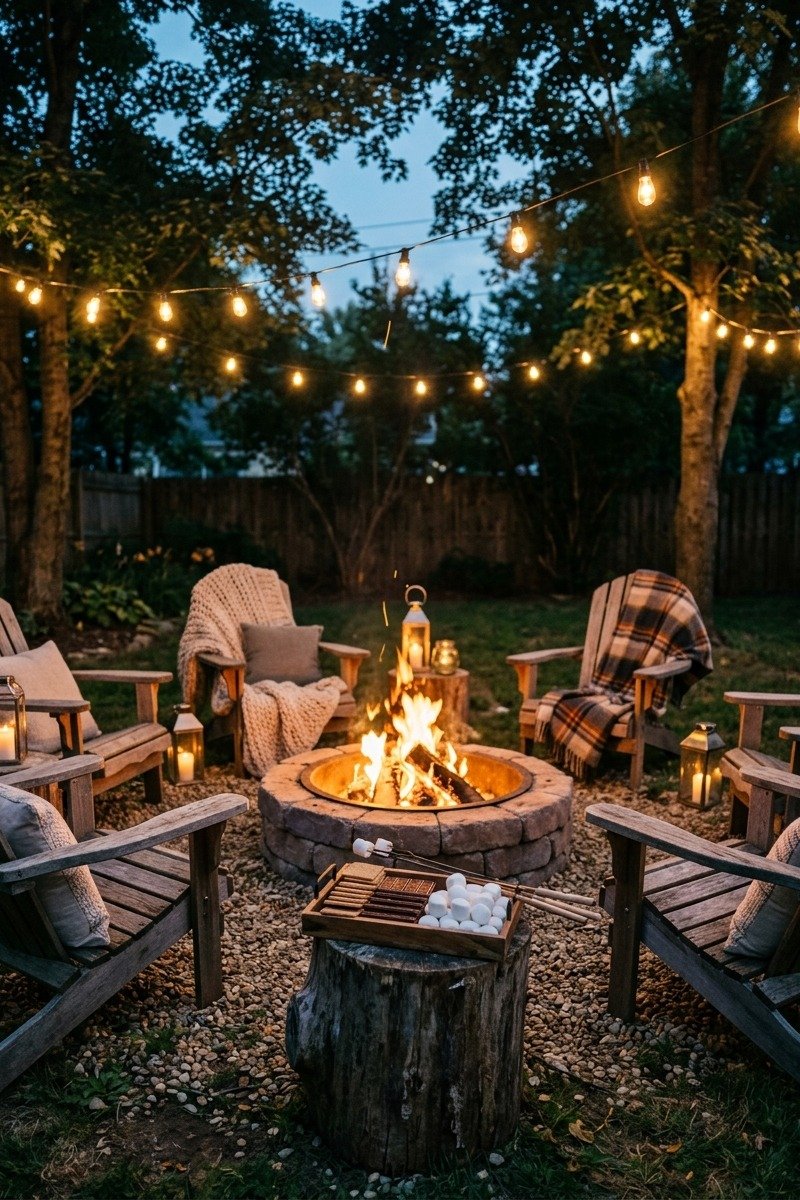 Backyard fire pit with chairs and blankets