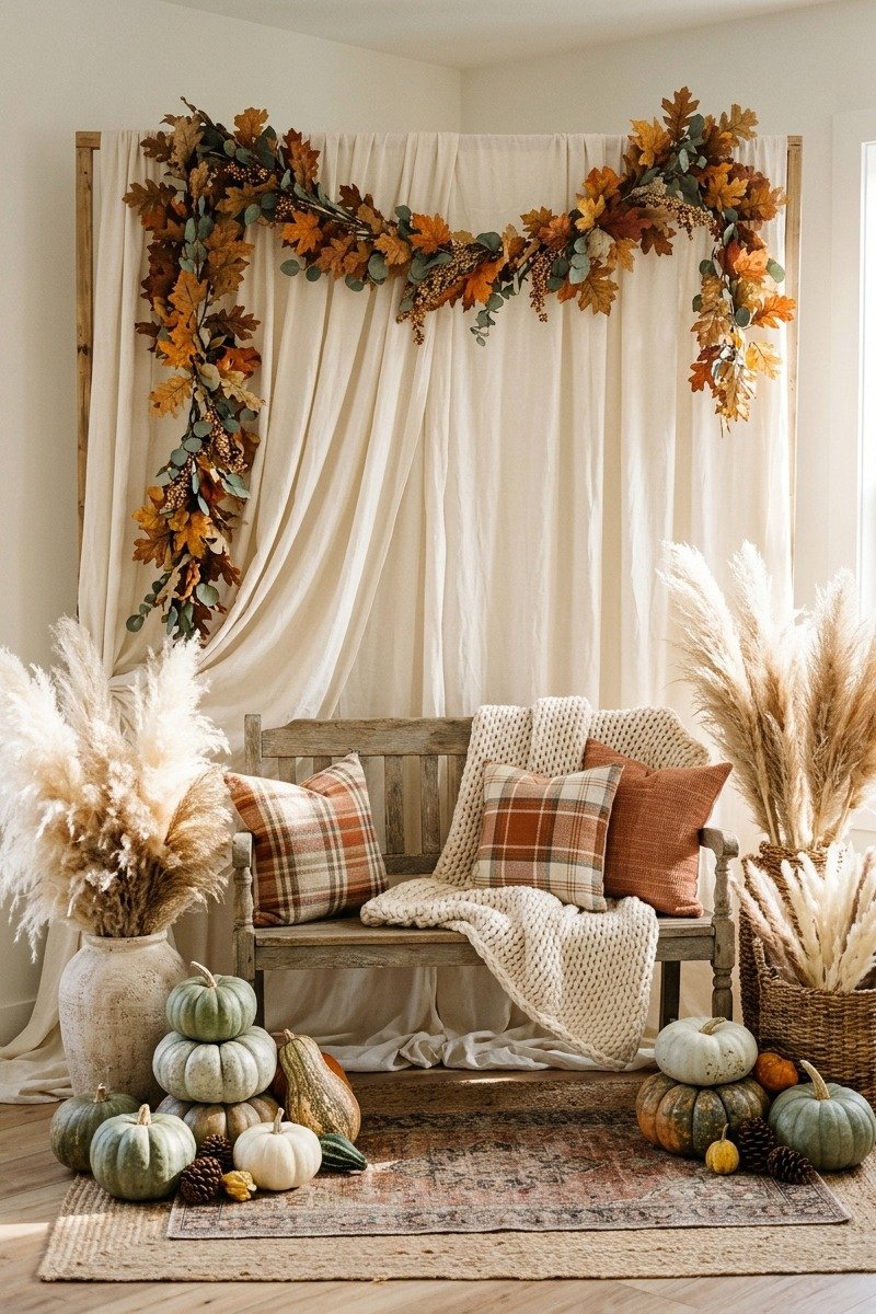 Friendsgiving photo backdrop with garland and pampas