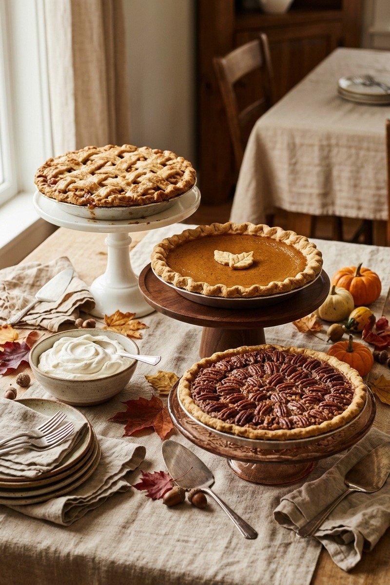 Pie bar with cake stands for Friendsgiving